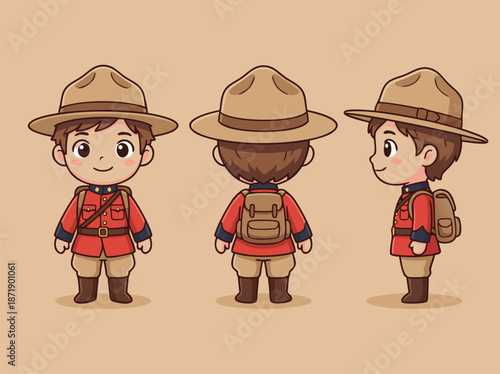 Cute Cartoon Canadian Mountie Character Front, Back, and Side View.