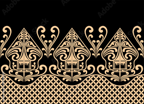A vector illustration of a traditional Indonesian batik ornament pattern featuring a Gunungan Wayang batik motif. Suitable for songket motifs, batik on fabric, backgrounds, and woven fabrics.