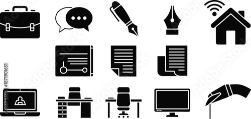 A collection of office icons including computers printers and other office related objects in black and white