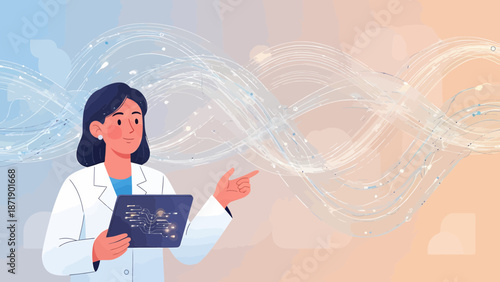 Female Doctor Holding Tablet Presenting Medical Data with DNA Background.