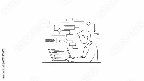 Developer Working on Algorithm Flowchart on Laptop.