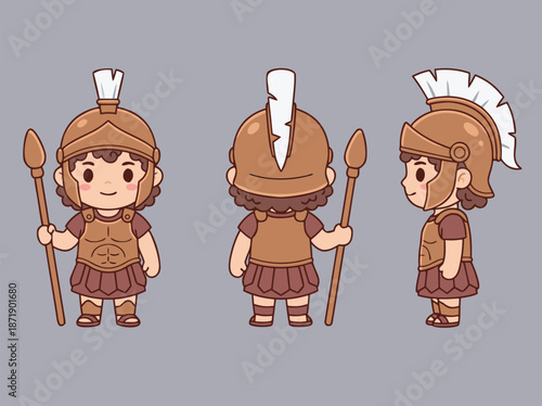Cute Cartoon Spartan Warrior Character Set.