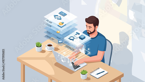 Focused Developer Working on Laptop with Data Stacks Illustration.