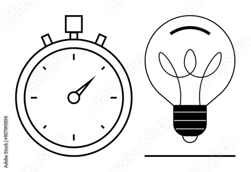 Time management, creativity, innovation, brainstorming, productivity, planning. A stopwatch and light bulb in a minimalist design. Time management and creativity concepts