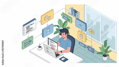 Isometric View of a Focused Developer Working on Multiple Screens.