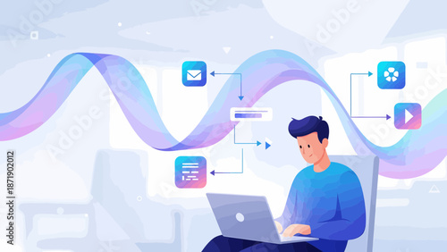 Man Working on Laptop with Abstract Data Flow Visualization.