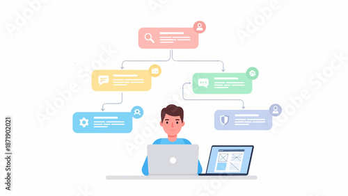 Man Working on Laptop with Flowchart Concept of Project Management.