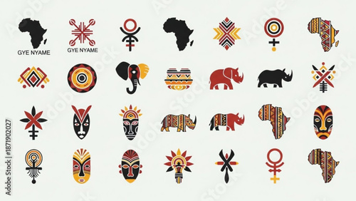 African Tribal Symbols and Patterns Set with Masks and Animals
