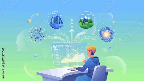 Person using computer with environmental and scientific data visualizations.
