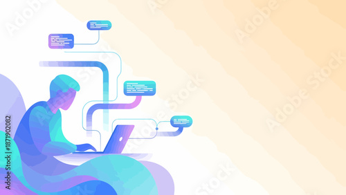 Person working on laptop with data flow visualization modern technology concept.