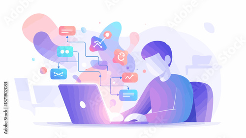 Person working on laptop with abstract communication flow visualization.