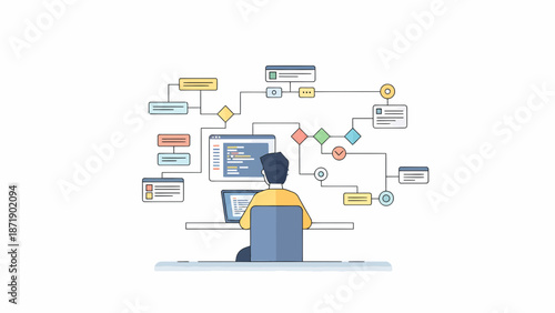 Person Working on Complex Flowchart on Computer Screens.