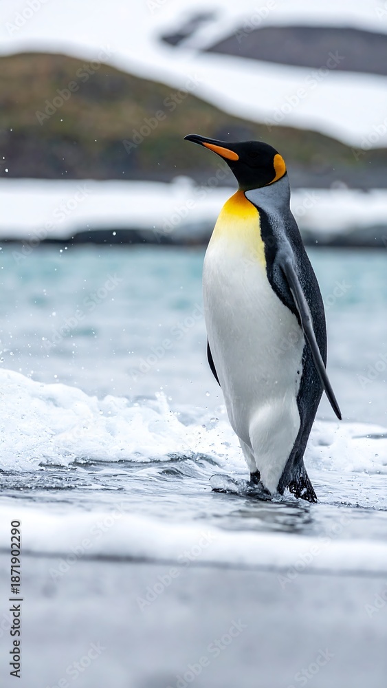 Fototapeta premium Tall penguin stands near shore with wave and icy background