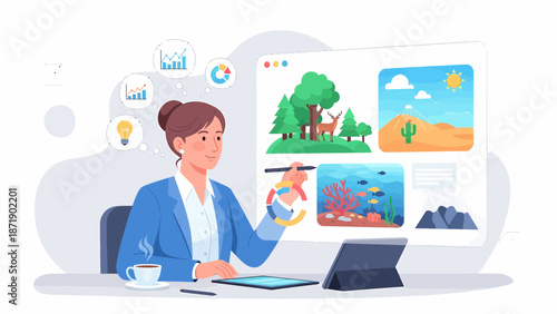 Woman Presenting Nature and Underwater Illustrations on a Digital Screen.