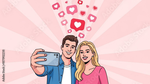 Young Couple Taking Selfie with Smartphone and Heart Icons on Pink Background