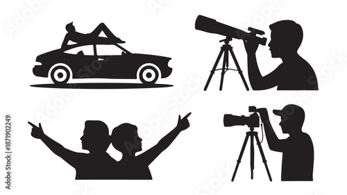Silhouette People Looking through Telescope and Pointing at Sky with Car on Road