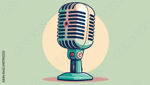 Retro Microphone Illustration with Detailed Grille and Stand.