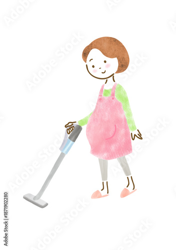 掃除機をかけているエプロン姿の妊婦さんのイラスト