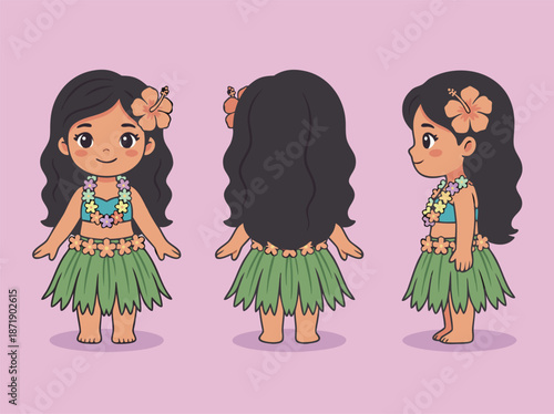 Cute Hawaiian girl in traditional attire, front, back, and side view.