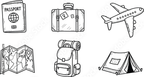 Set hand drawn doodle camping elements. Camping and hiking items. Outdoor recreation concept. Tent, campfire, boat, guitar, bagpack, stars, telescope, map. Flat vector illustration on white background
