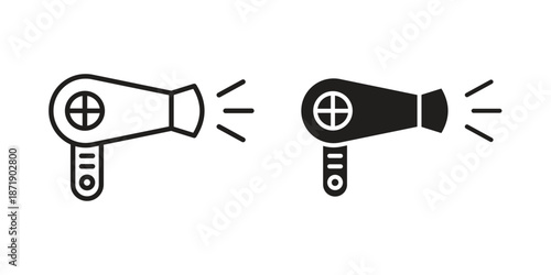 Hair dryer icons in a black filled and outlined style. Set of vector icons