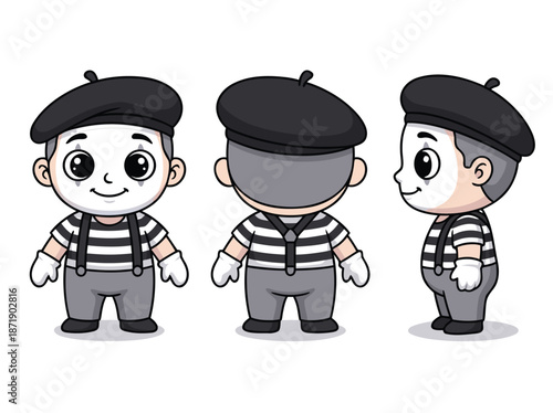 Cute Mime Character Design Front Side Back View.