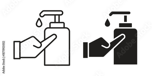 Hand sanitizer icons in a black filled and outlined style. Set of vector icons