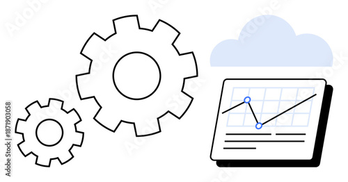 Two interlocking gears beside a dashboard with a line chart, all under a cloud. Ideal for data processing, cloud computing, automation, analytics, machine learning, technology innovation. Simple