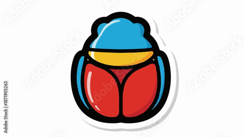 Vibrant cartoon beetle with blue, yellow, and red segments, outlined in black with a white border