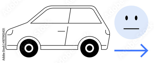 Transportation, AI technology, smart vehicles, human-machine interaction, automation, mobility. Stylized car and face icon with directional arrow. Transportation and AI technology concept