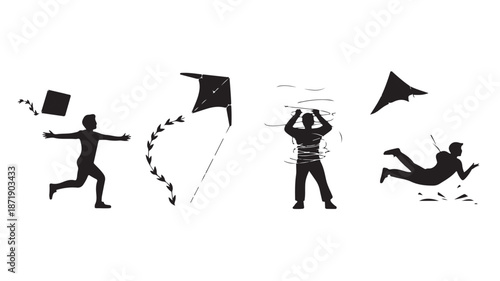 Silhouette People Flying Kites on White Background