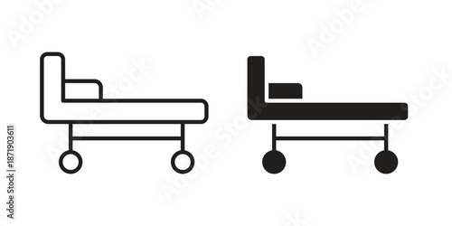 Hospital bed icons in a black filled and outlined style. Set of vector icons
