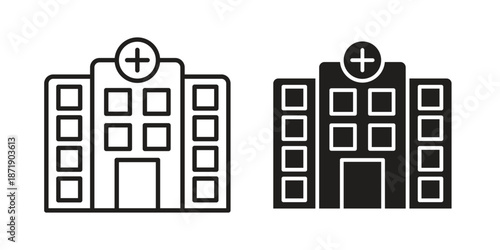 Hospital icons in a black filled and outlined style. Set of vector icons