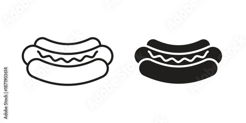Hot dog icons in a black filled and outlined style. Set of vector icons