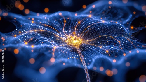 Abstract neuron network, glowing center, branching pathways, soft blue backdrop