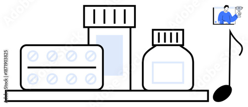 Pills, medicine containers, and virtual healthcare consultation screen with music note implying health, care, digital health, music therapy, and online medical innovation. Ideal for healthcare