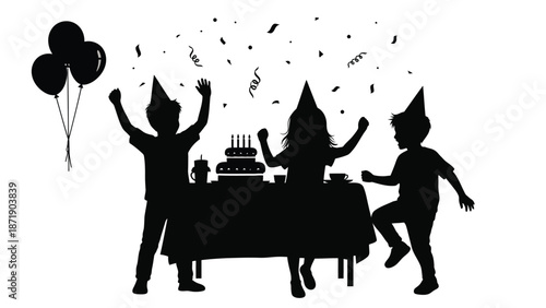 of children celebrating birthday party with cake and balloons white white with happy kids and fun celebration Silhouette vector on whit Background