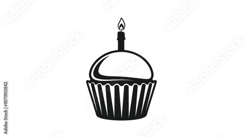 Black of a cupcake with a lit candle top white with illustration and graphic and icon and birthday and celebration Silhouette vector on whit Background