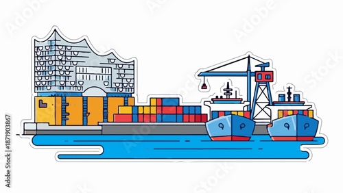 Vibrant cartoon harbor scene with container ships and industrial buildings