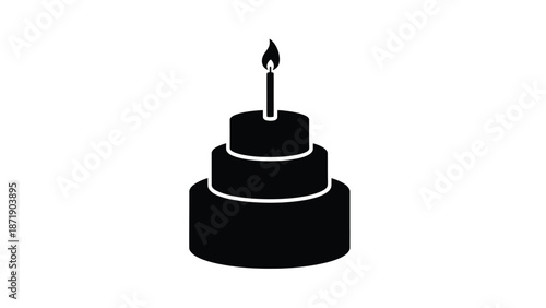 Black of a three tier cake with a single lit candle top for birthday or celebration white with party and dessert Silhouette vector on whit Background
