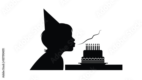 Black of a child blowing out candles a birthday cake white with party and celebration and illustration and graphic Silhouette vector on whit Background