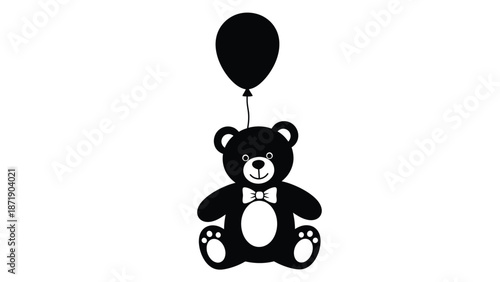 A cute black teddy bear with a bow tie sitting and holding a balloon white with illustration and icon and clipart Silhouette vector on whit Background