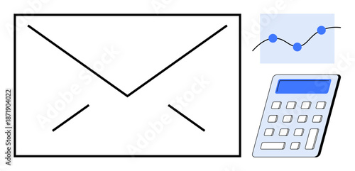 Email marketing, financial planning, data analysis, corporate communication, business tools, technology. Envelope, graph and calculator icons. Email marketing and financial planning concept