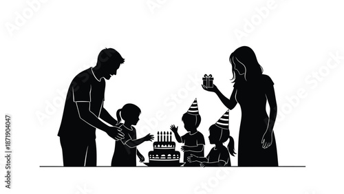 of happy family celebrating birthday with cake and gifts white white with celebration and party and children Silhouette vector on whit Background
