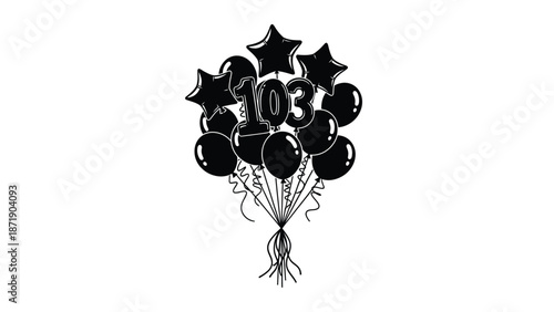 Black balloons and stars with number 103 white white with celebration and party and birthday and anniversary Silhouette vector on whit Background
