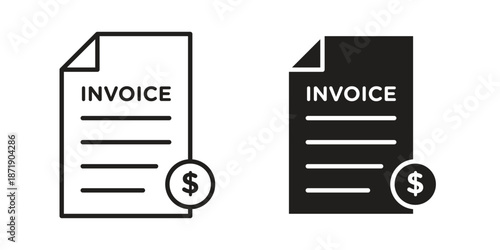 Invoice payment icons in a black filled and outlined style. Set of vector icons
