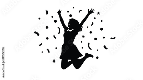 of a woman jumping up with arms raised surrounded by confetti and stars white white with celebration and joy Silhouette vector on whit Background
