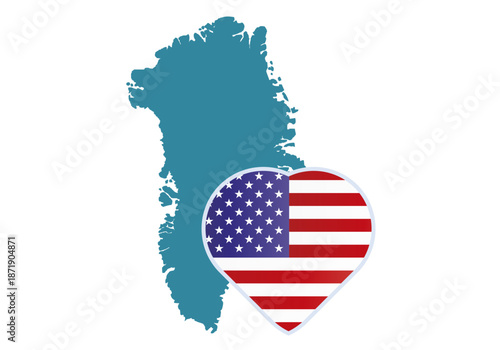 Silueta del mapa de groenlandia con un corazón de la bandera de estados unidos de américa
