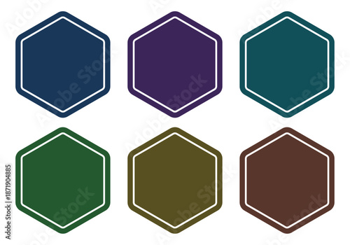 Conjunto de seis etiquetas hexagonales de colores oscuros con borde blanco