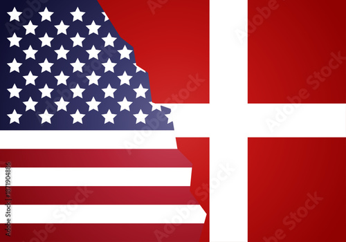 Bandera de estados unidos de américa y dinamarca unidas con efecto de papel rasgado confrontados